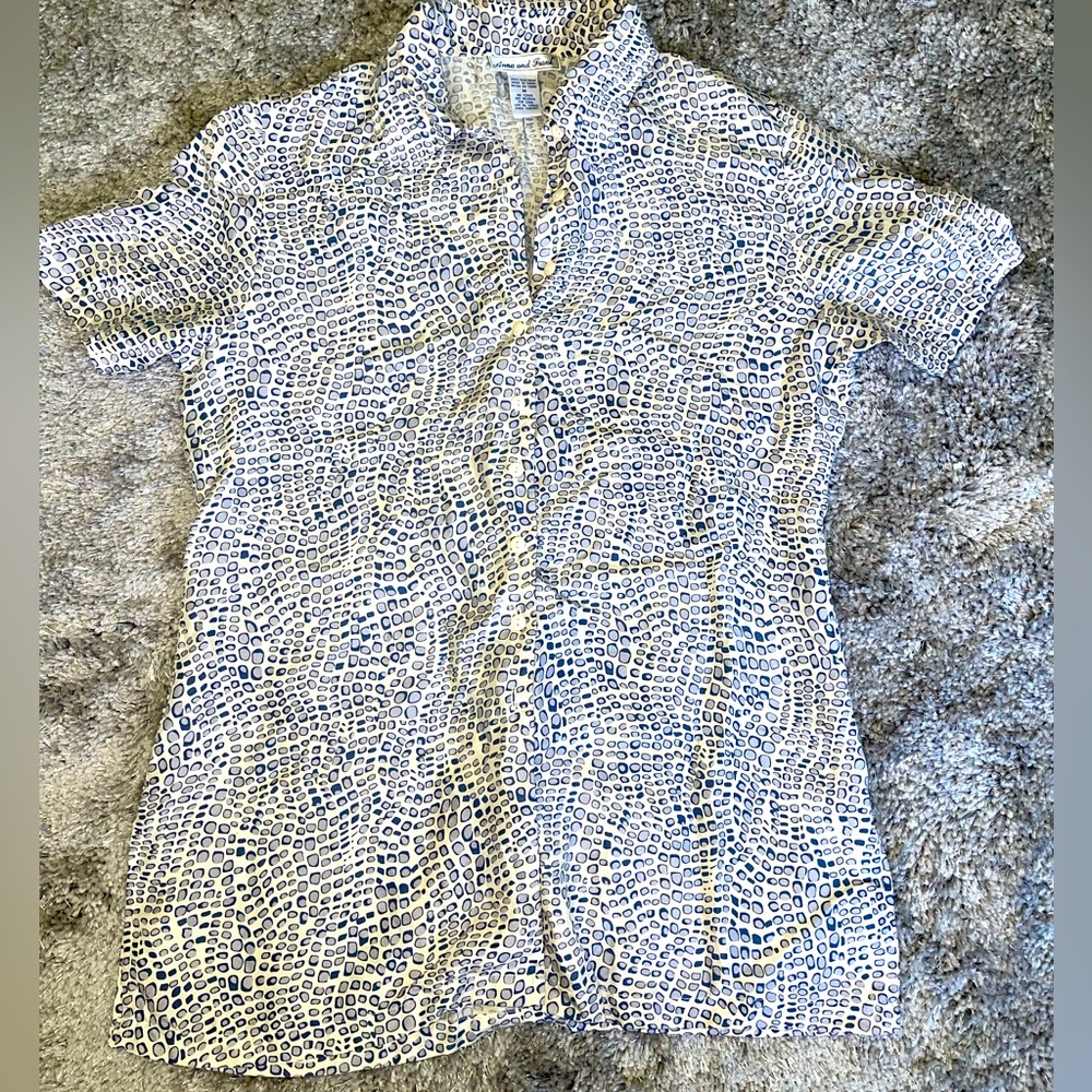 Off white and blue button down short sleeve silk blouse. Size M